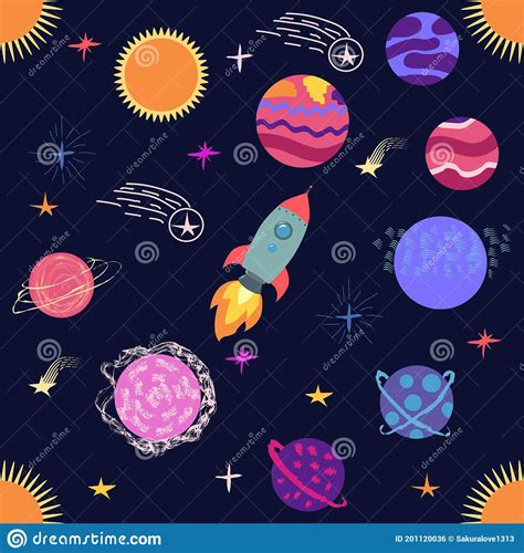 Seamless Outer Space Ufo Rocket Science Kids Background Pattern Stock