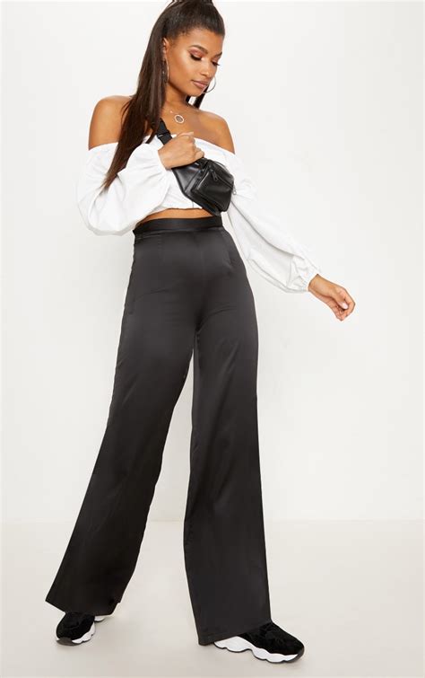 Black Satin Wide Leg Pants Pants Prettylittlething Ksa