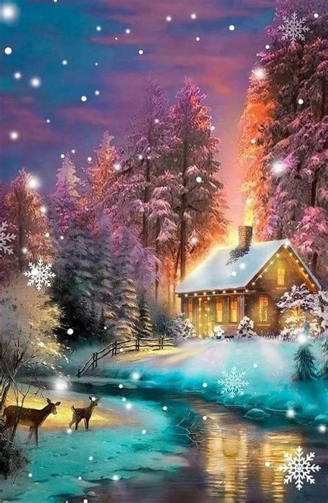 A Painting Of A Cabin In The Woods At Night With Snow Falling On The Ground