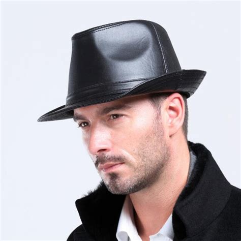 Winter Warm Leather Mens Black Fedora Hat For Gentlemens Genuine