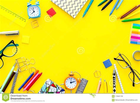 education background mockup school student office supplies stationery glasses alarm clock