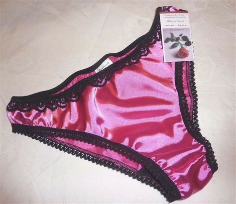 Hot Pink Shiny Satin Panties Low Rise Bikini Briefs Black Lace Made
