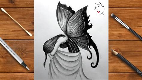 How To Draw A Girl With Butterfly Wings Pencil Sketch Beautiful