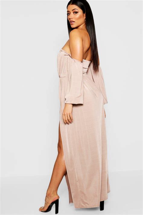 Boohoo Pleated Off The Shoulder Maxi Dress Lyst