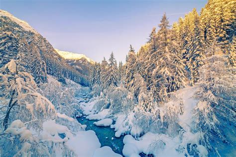 Alps Sunrise Winter Mountain Forest Snow River