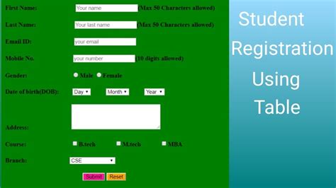 Student Registration Form Using Table In Html Youtube