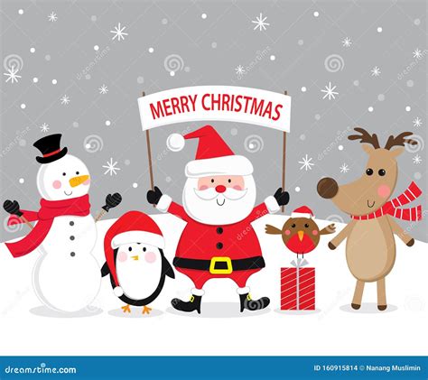 Cute Christmas Character Santa Claus Reindeer Snowman Penguin And Litter Robin In Snowing
