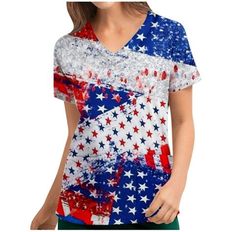 4th Of July Arimecan Flag Scrub Top For Women Patriotic Independence