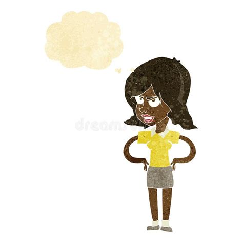 Cartoon Annoyed Woman With Hands On Hips With Thought Bubble Stock