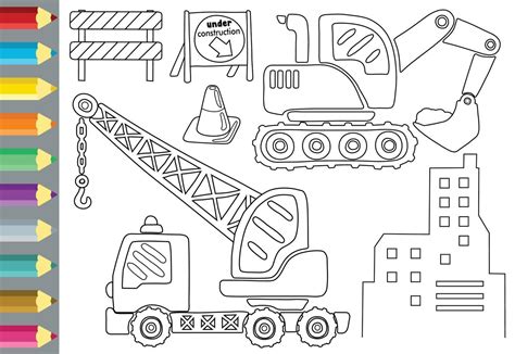 construction vehicles cartoon with construction elements, coloring book
