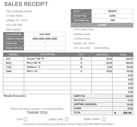 sample sales receipt templates printable samples