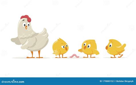 Cartoon Mother Hen And Three Yellow Little Chick Isolated On White