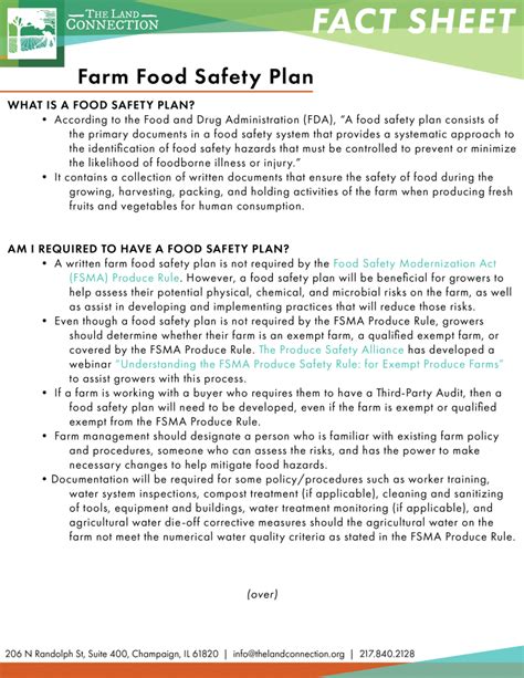Farm Food Safety Plan Fact Sheet The Land Connection