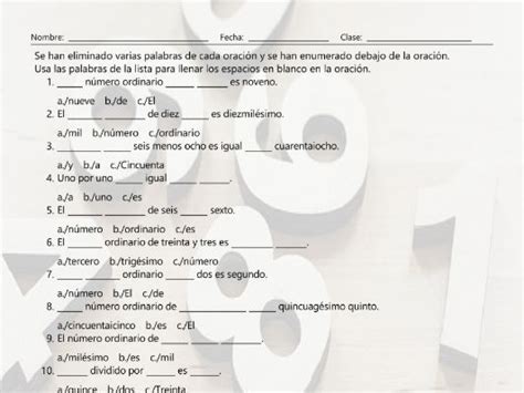 Cardinal And Ordinal Numbers Missing Words Spanish Worksheet Teaching