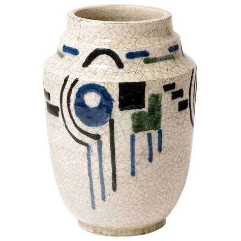 Art Deco French White And Blue Cubist Ceramic Vase Circa 1930 For Sale