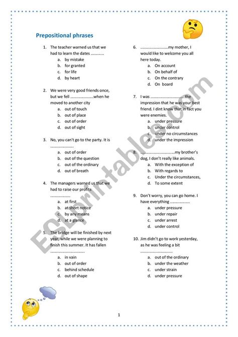 Prepositional Phrases Multiple Choice Exercises Esl Worksheet By Viccxx