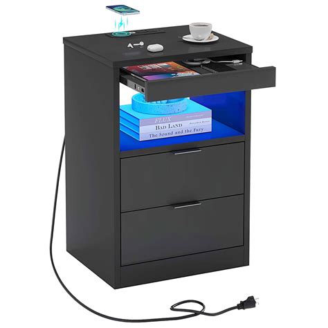 Nightstand With Wireless Charging Station And 2 Drawers Led Light