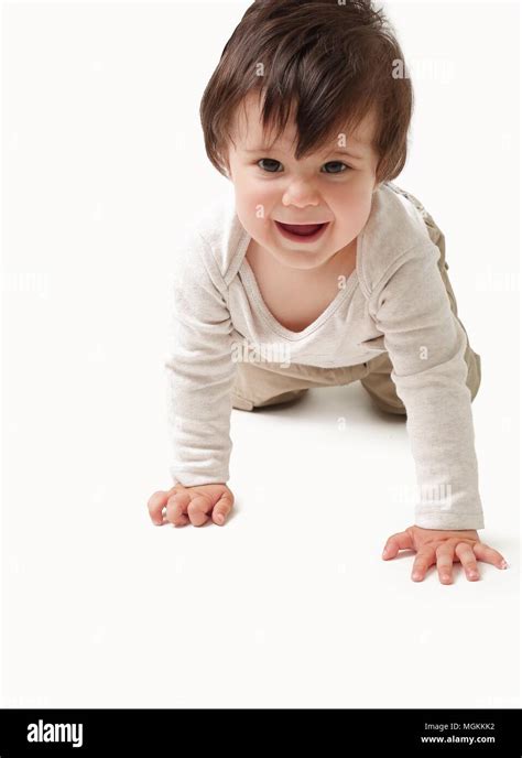 The Baby Learns To Crawl Isolated On White Background Stock Photo Alamy