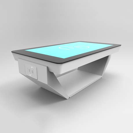 Smart home touchscreen coffee table with 2 cooler drawers, wireless charging zones on the glass top, bluetooth sound system, and touch led controller. Humelab - Touch-Screen Coffee Tables - Touch of Modern