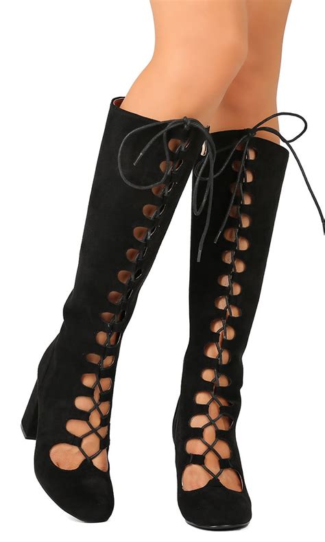 New Women Qupid Tess 03 Faux Suede Knee High Lace Up Chunky Heel Boot