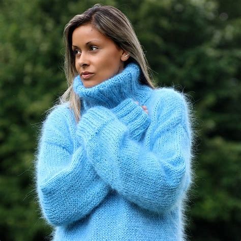 Very Light Blue Color Hand Knit Mohair Sweater By Extravagantza
