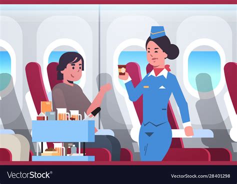 flight attendant serving drinks to passenger vector image
