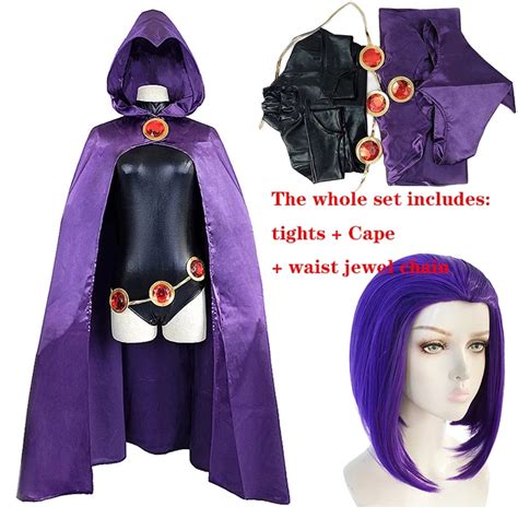 2022 teen titans super hero raven cosplay costume women black bodysuit purple hooded cloak