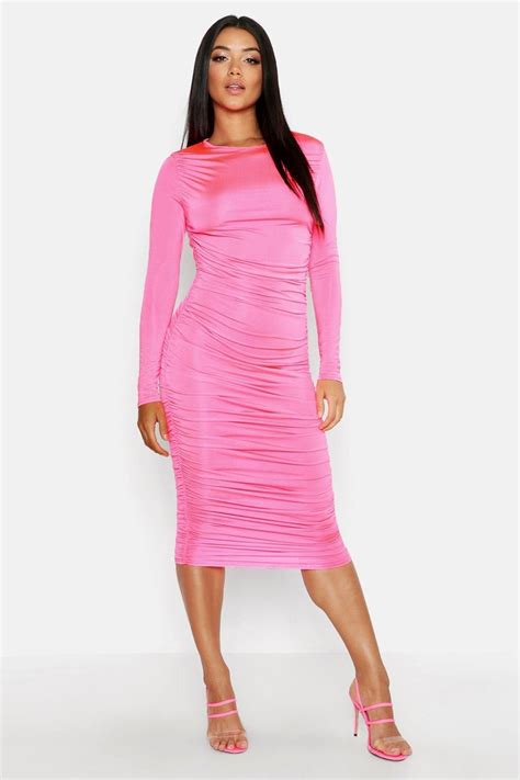 Ruched Side Midi Dress Boohoo Dresses Bodycon Fashion Pink Midi Dress