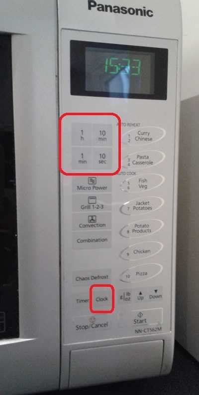 Adjust door and latch programmed, but the timer 2. Adjust time clock or set time on Panasonic Microwave.