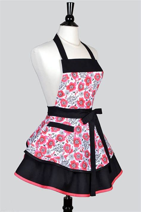 Ava Ruffled Retro Pinup Apron Coral And Black Floral Womans Pinup