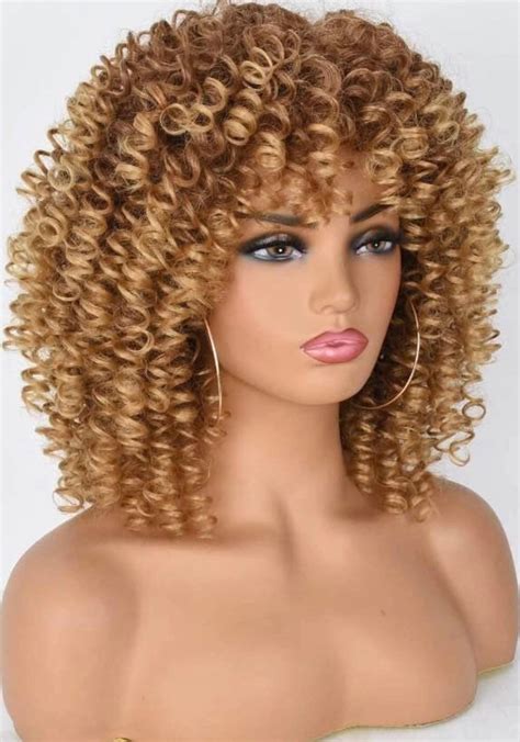 Curly Afro Wig With Bangs Curly Hair Wig Afro Synthetic Heat Etsy