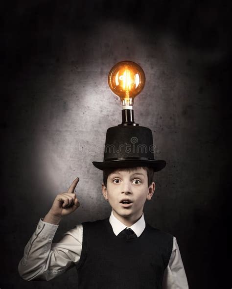 Excellent Idea Kid With Edison Bulb Above His Head Stock Image Image