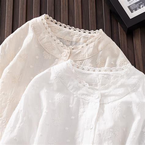 Women Lace Stand Collar White Shirt Japanese White Button Shirt