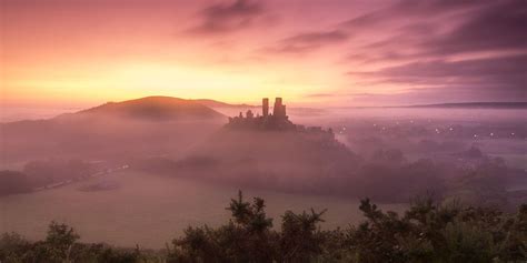 Misty Morning At Corfe Castle — Dorset England Uk Corfe Castle