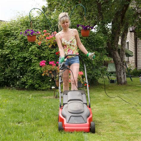 Women With Lawn Mower Stock Image Colourbox