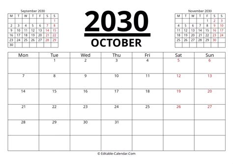 Download October 2030 Printable Calendar With Previous And Next Month