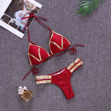 bronze halter string bikini set 2022 with push up effect sexy female swimwear with bandeau and