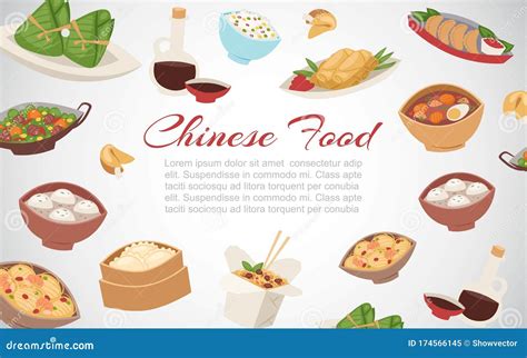 Comida China Asiática Calle Y Restaurante Cocina Platos Banner Dibujos