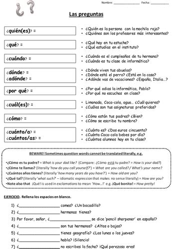 Ks3 Spanish Question Words Teaching Resources