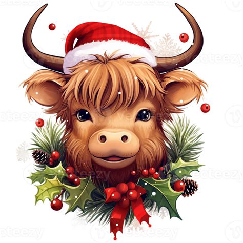 Highland Cow Christmas Theme Illustration Isolated Ai Generated