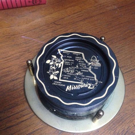 Missouri Mid Century Vintage Tin Gold And Black Mcm Coaster Set Souvenir