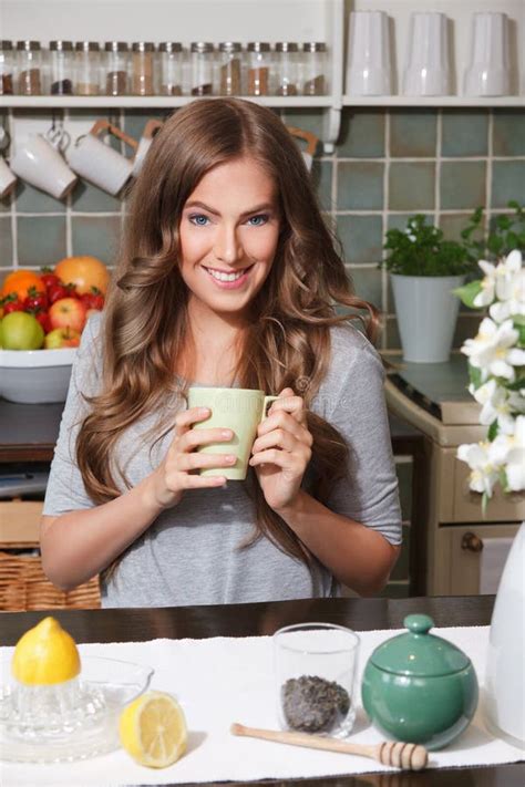 Happy Woman Holding A Cup Of Tea Stock Image Image Of Diet Green