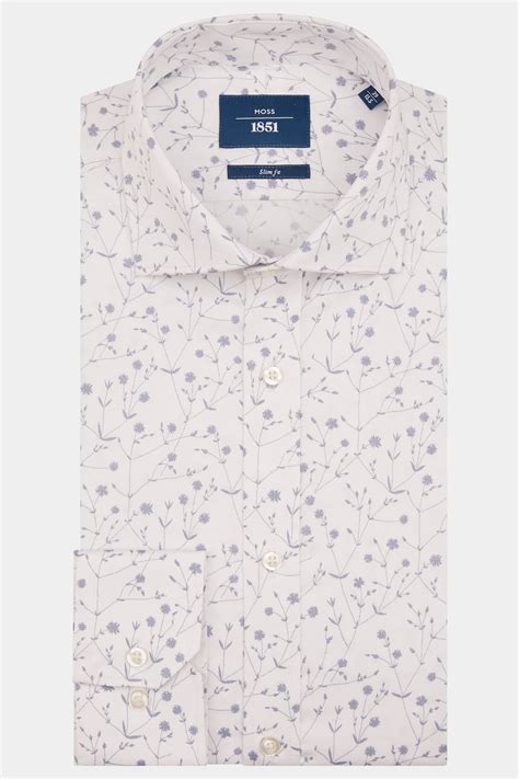 Moss 1851 Slim Fit Grey Single Cuff Floral Shirt