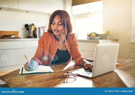 Young Female Entrepreneur Working On A Laptop In Her Kitchen Stock