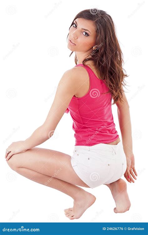 Woman Posing In Squatting Position Stock Photo Image Of Face Wrinkle