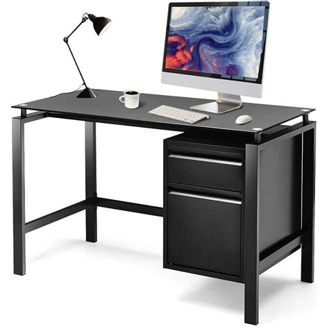 Home Office Desk Steel Writing Computer Desks Glass Top With Storage