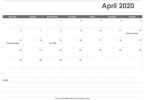 April 2020 Calendar Printable With Holidays