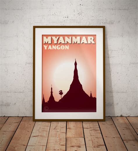 Vintage Poster Myanmar Yangon Shwedagon Coral Fine Art Print