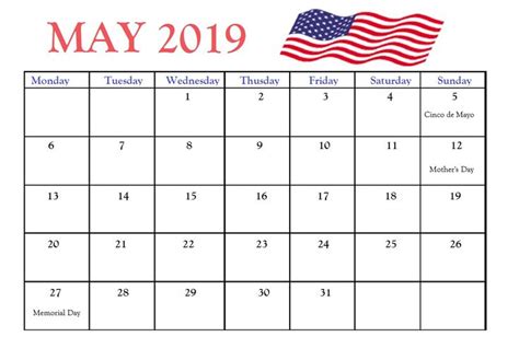 May 2019 United States Holidays Calendar Holiday Calendar Holiday