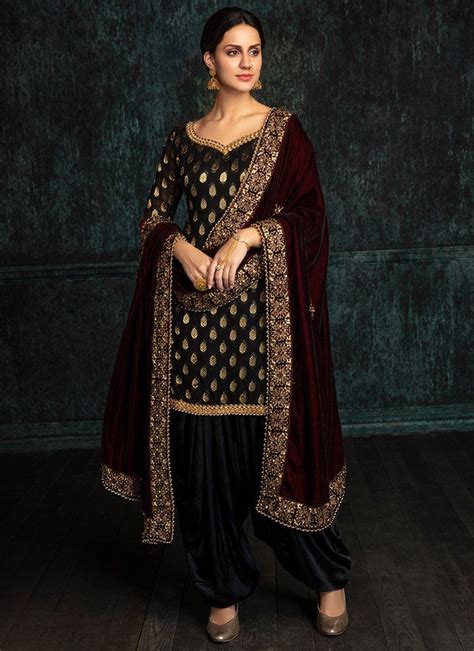 Black Brocade Punjabi Suit With Wine Shawl Features A Brocade Kameez Satin Kameez And Velvet